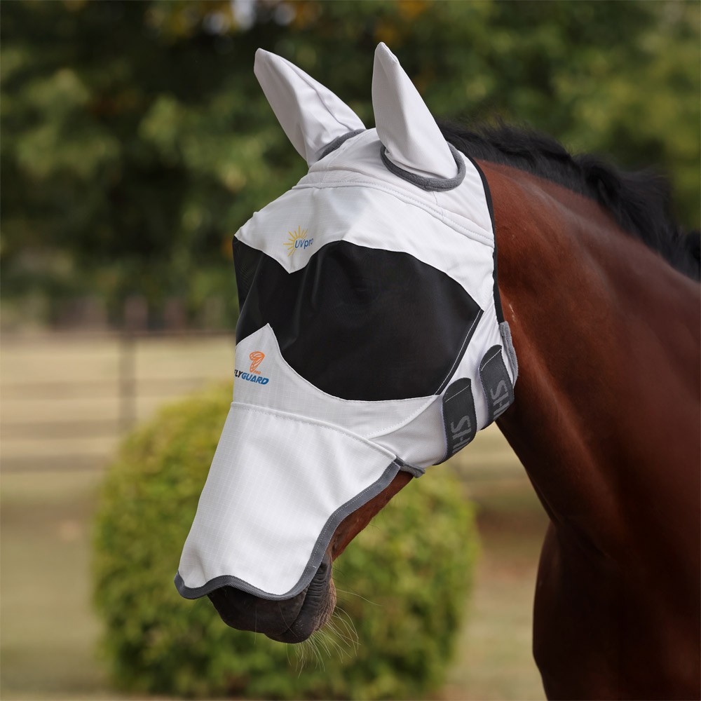 Shires FlyGuard Pro Sun Shade Fly Mask with Ears & Nose White