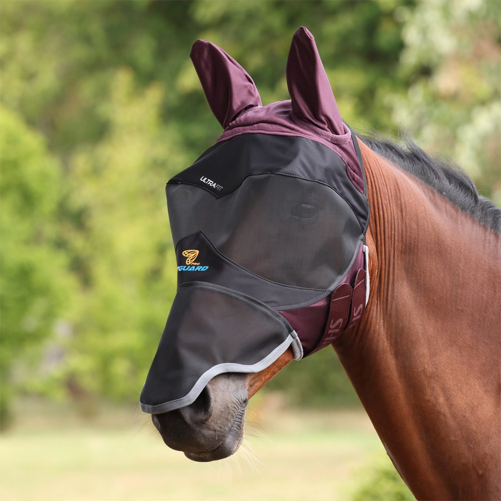 Shires FlyGuard Pro Deluxe Fly Mask with Ears & Nose Burgundy